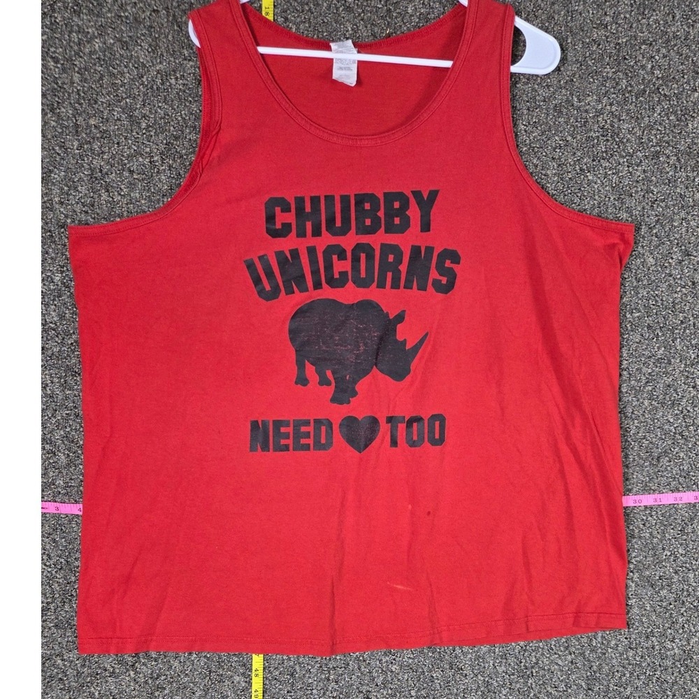 Gildan Tank Top Mens 2XL Red Chubby Unicorns Need Love Too Rhino Graphic